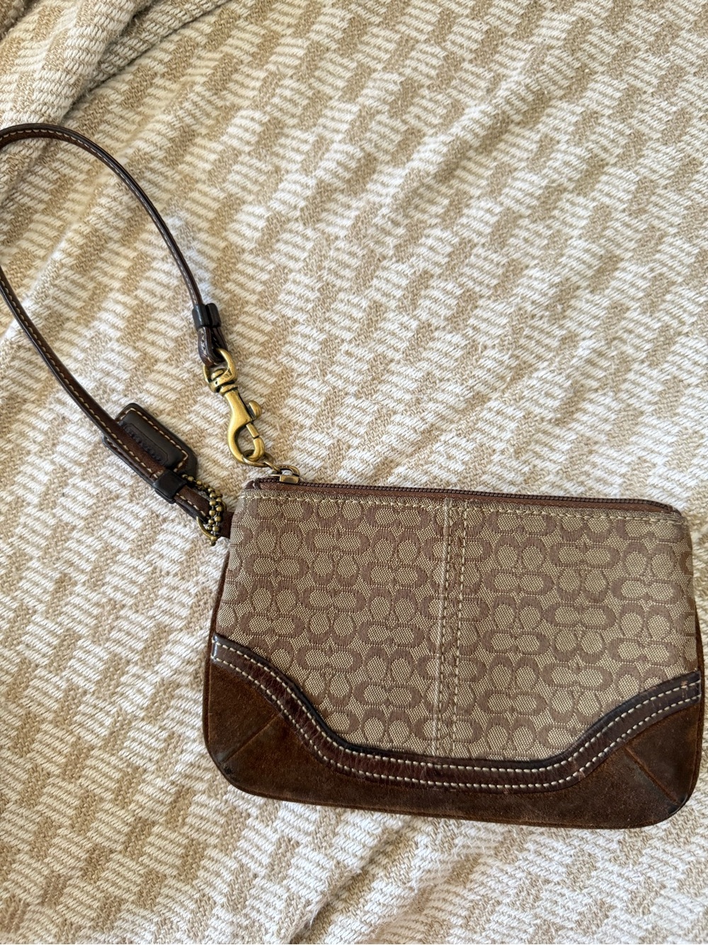 Coach Brown Signature Canvas Wristlet with Leather Trim